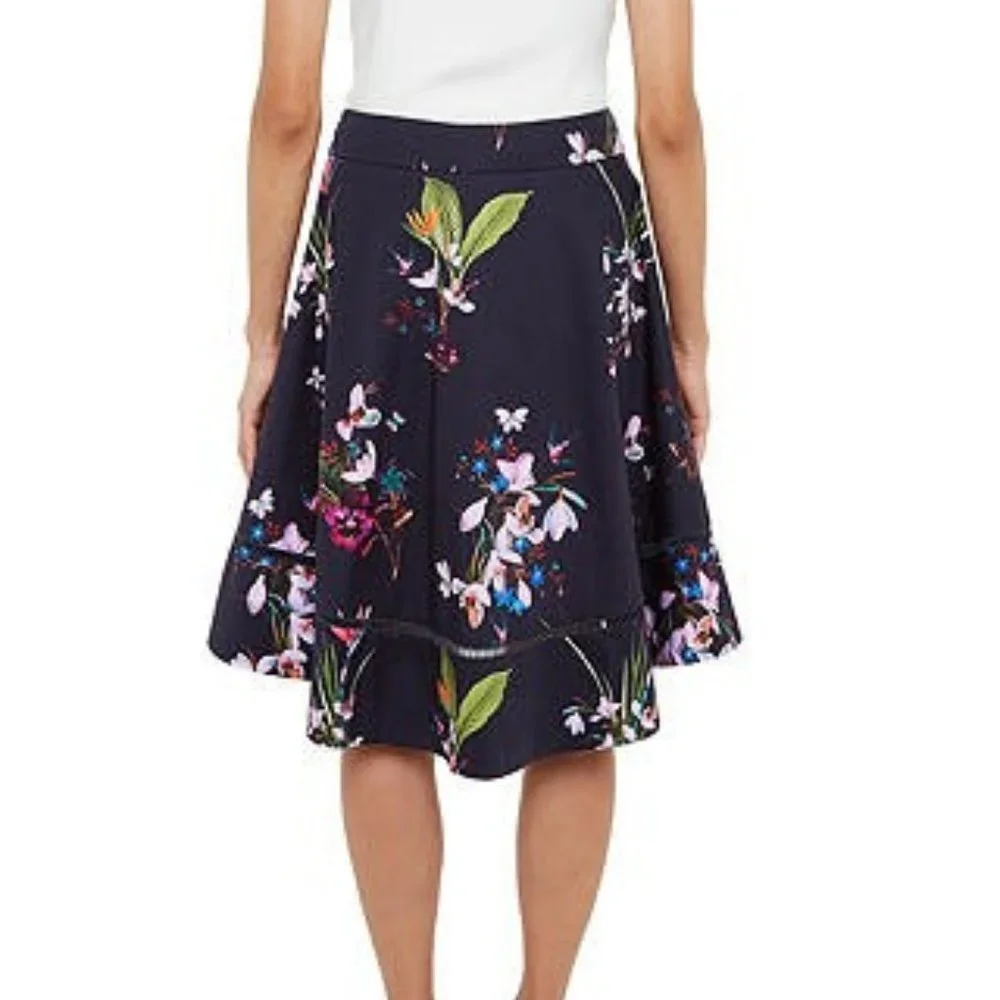 TED BAKER Plio Tropical Oasis Dipped Hem Skirt Navy - Picture 3 of 11